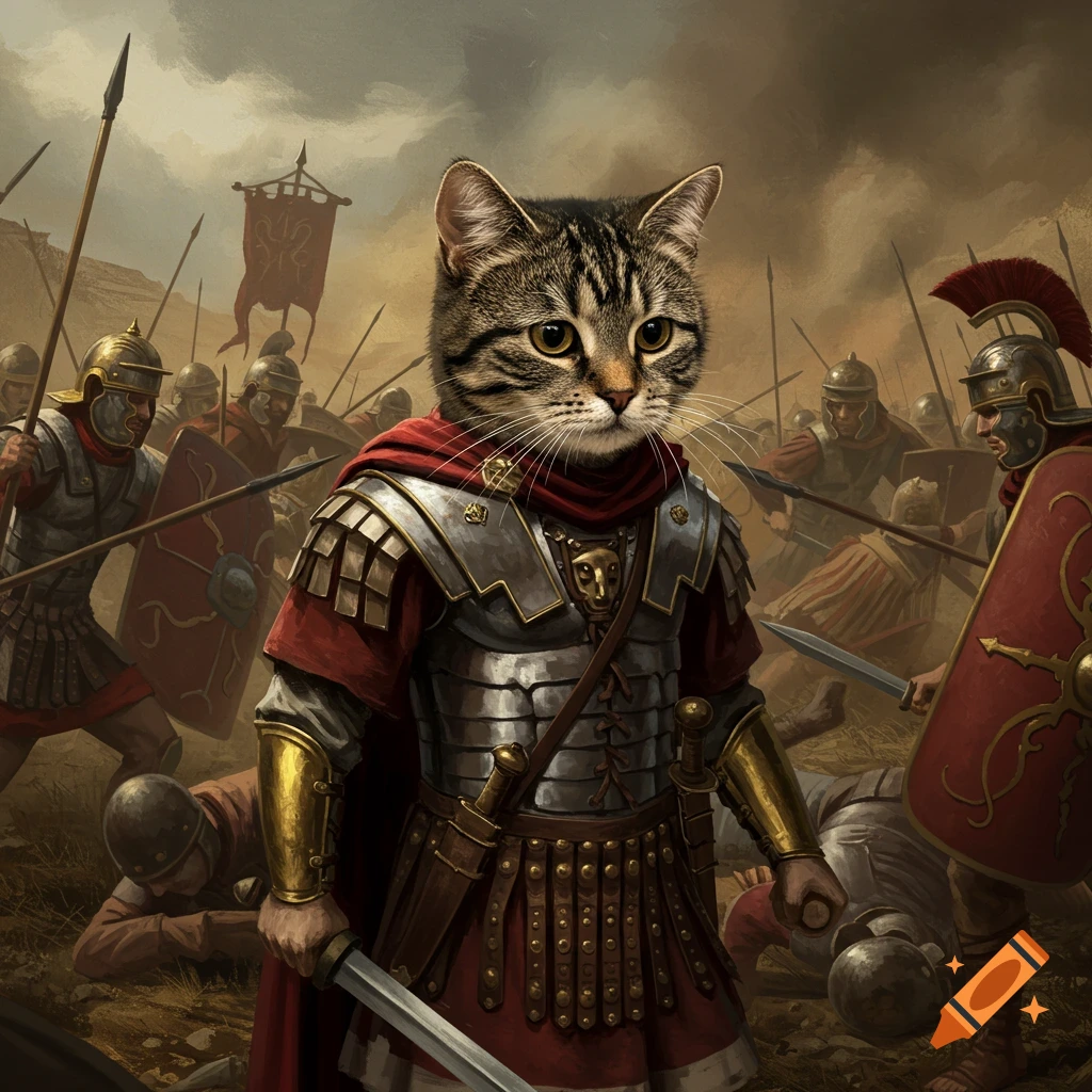 Oil painting of a cat wearing Roman armor during a battle.