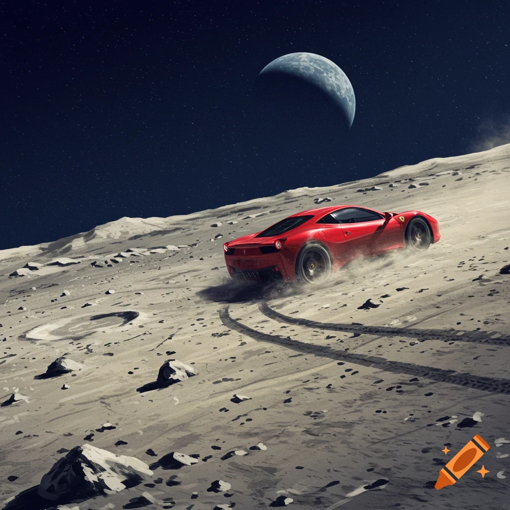 A red supercar drives across the surface of the moon under a crescent moon, digital art.