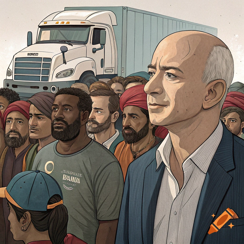 Illustration of a crowd of diverse men and a truck, with a figure resembling Jeff Bezos in the foreground.
