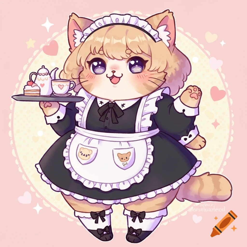 A cute, chunky anime-style cat in a maid outfit holds a tray of tea and cake.