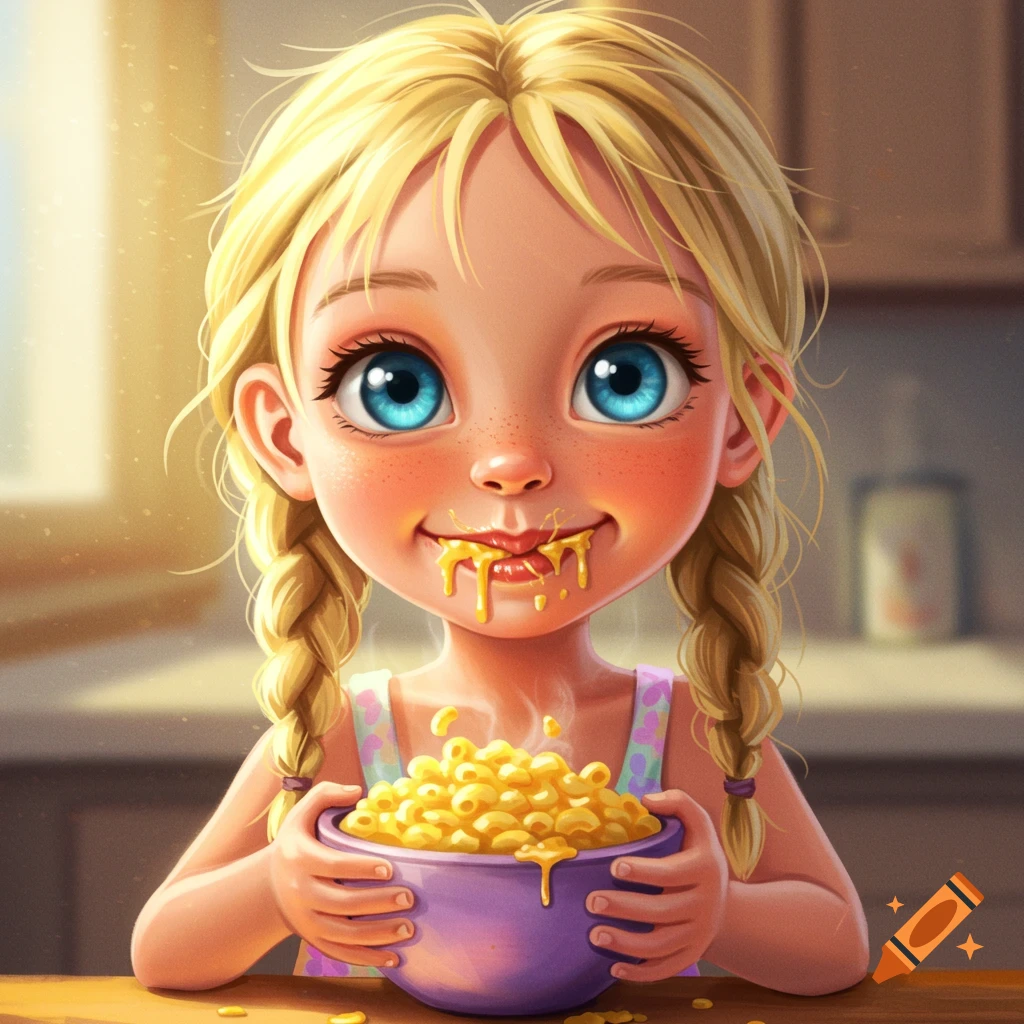 A young girl with mac and cheese on her face, holding a bowl, in a whimsical style.