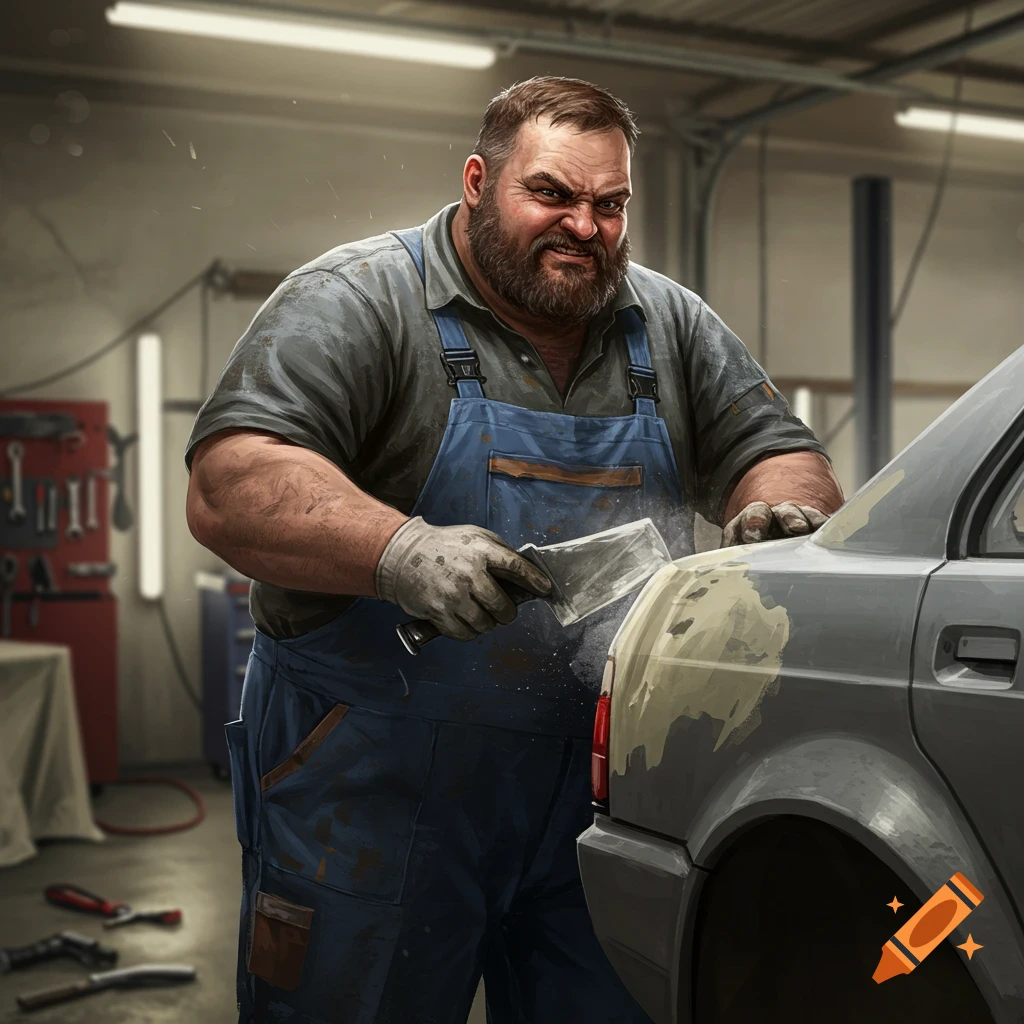 A burly mechanic scraping body filler from a car in a garage.