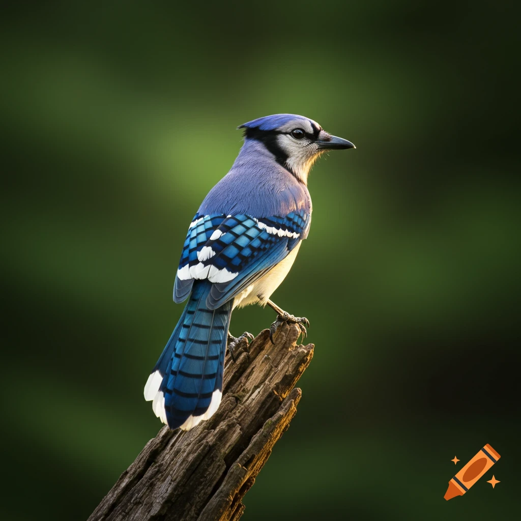 A detailed shot of a blue jay perched on a weathered wooden post, with sunlight highlighting its back feathers against a soft green background.