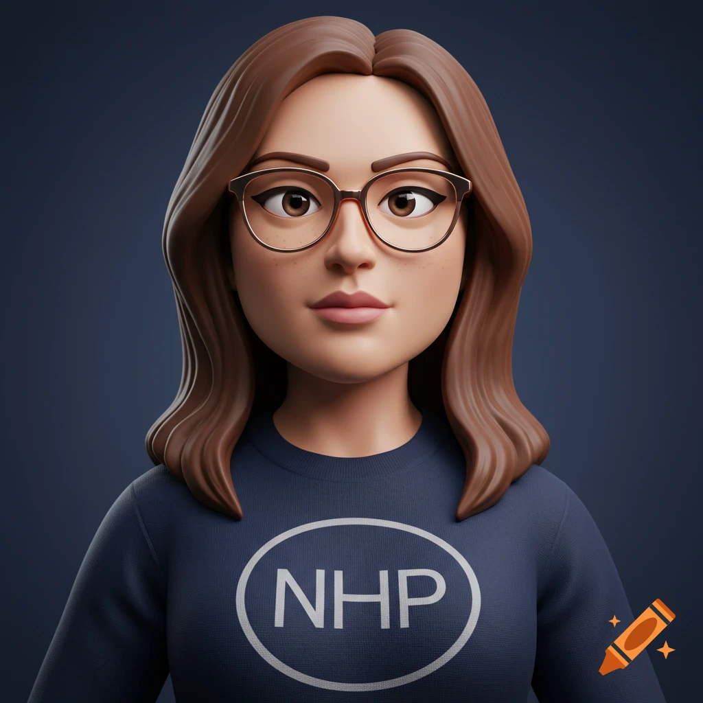 3D rendering of a woman character wearing glasses and a navy blue sweatshirt with an 'NHP' logo.
