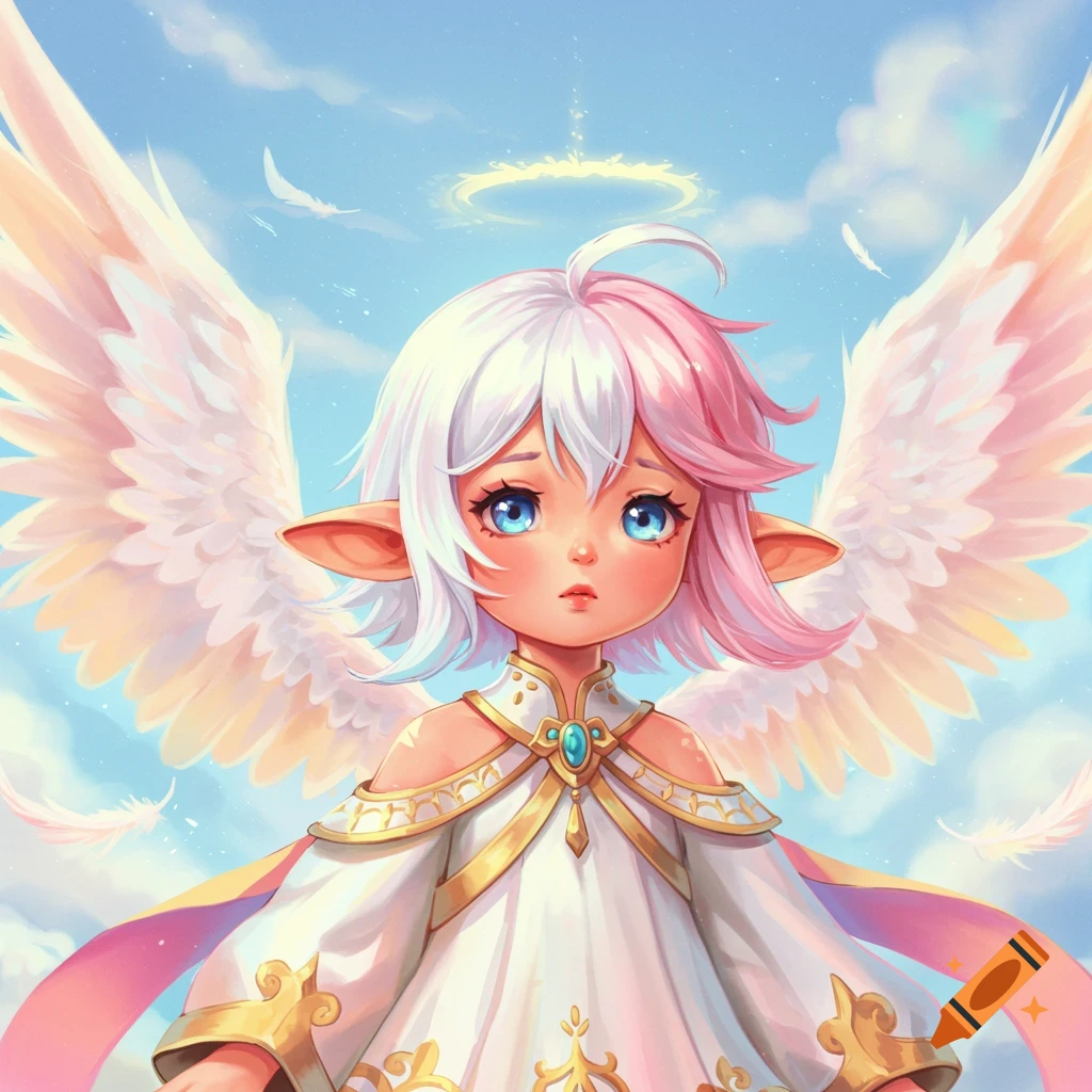 A child-like angel with white and pink hair, large wings, and a white dress is set against a blue sky.
