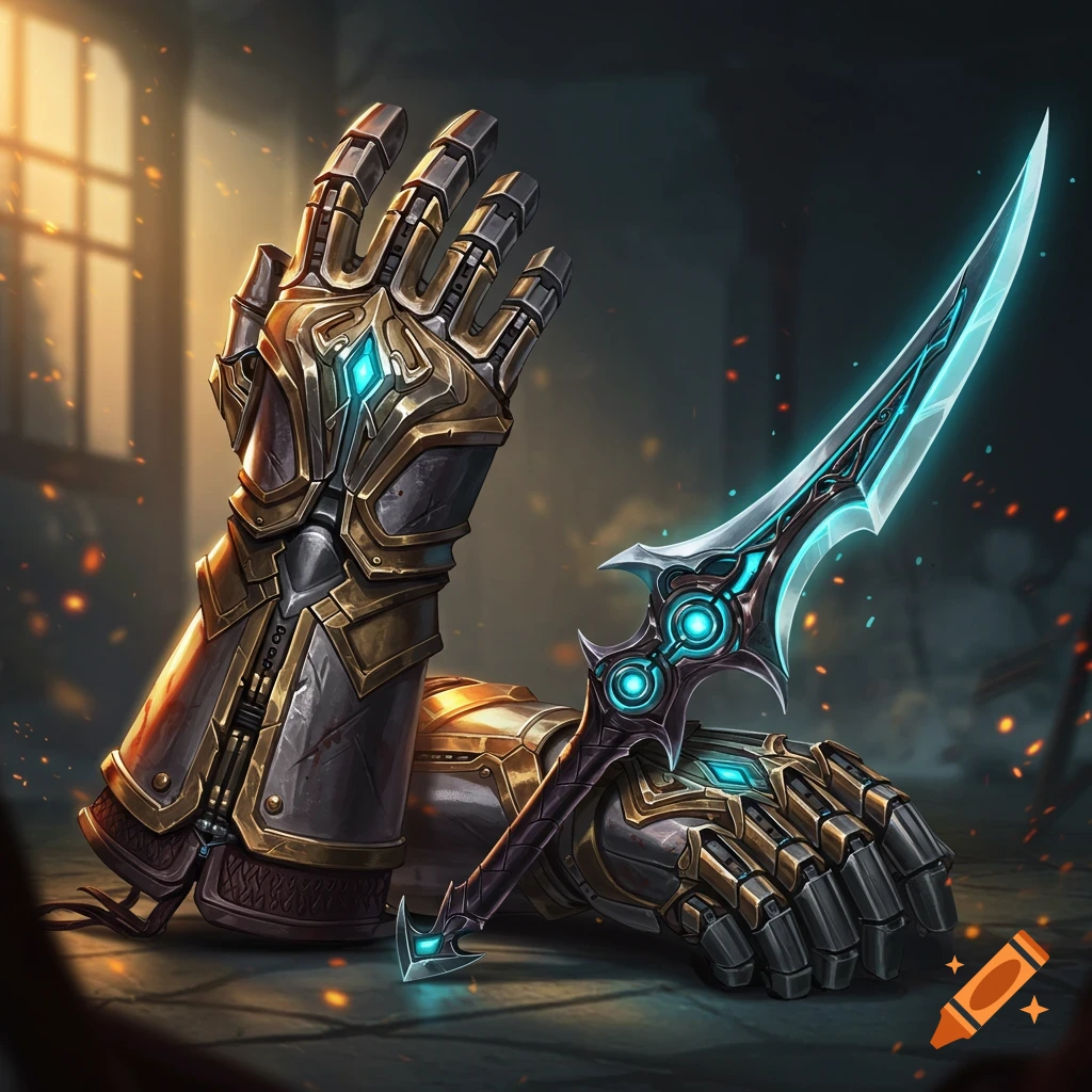 Mechanical gauntlets and a glowing fantasy dagger.