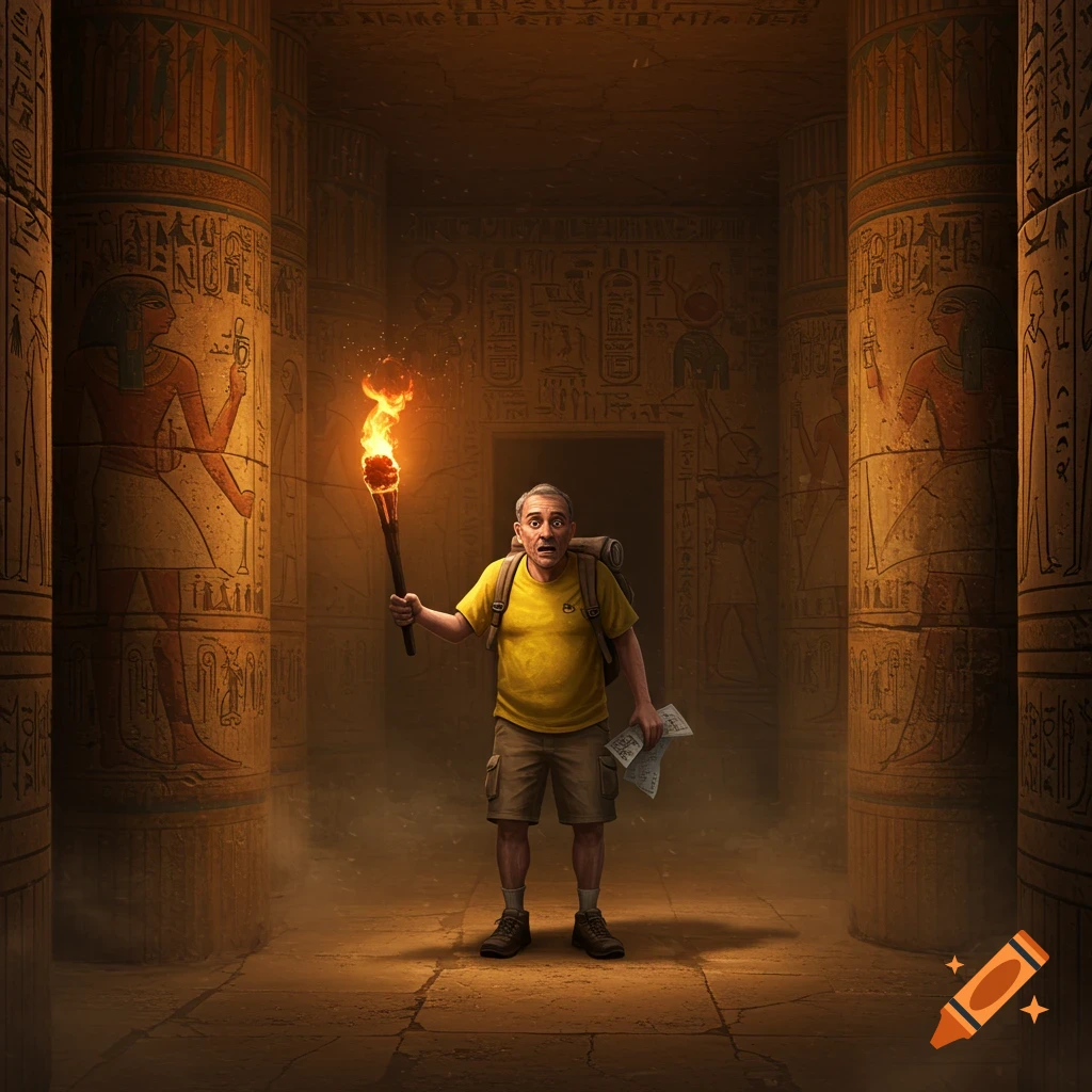 A scared tourist holding a torch in an ancient Egyptian tomb with hieroglyphs.