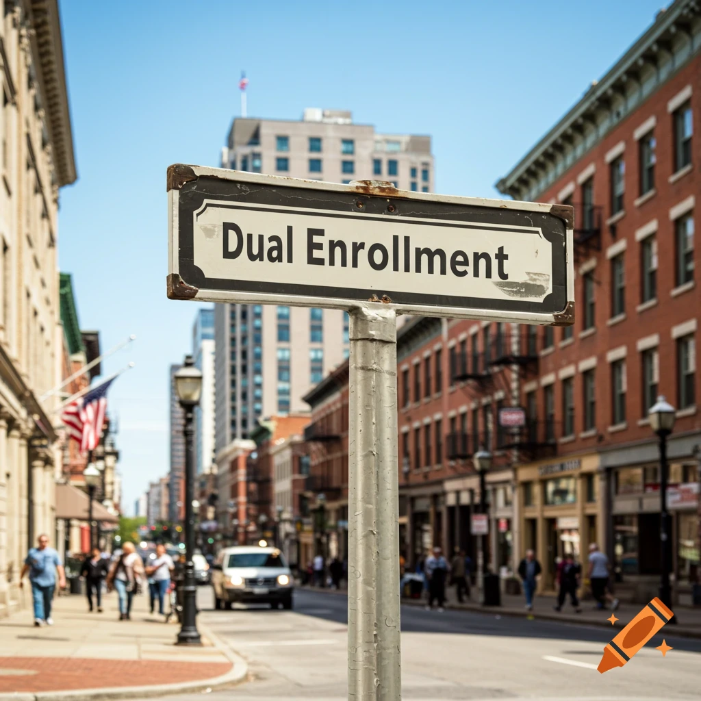 Street sign reading Dual Enrollment on a busy city street.
