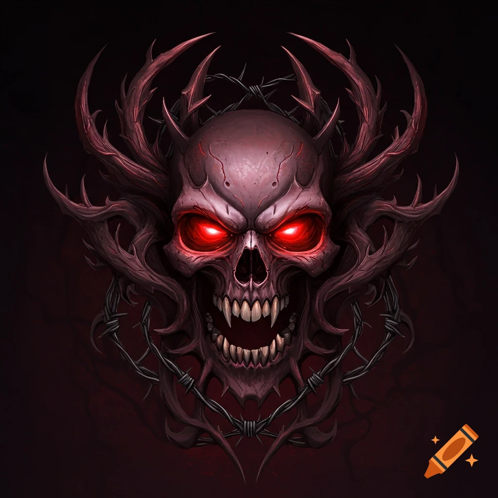 A stylized image of a sinister skull with glowing red eyes surrounded by thorny branches and barbed wire.