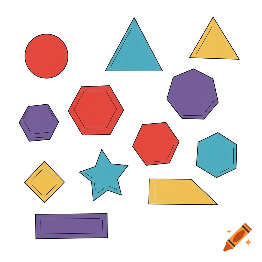 Illustration of scattered colorful geometric shapes like circles, triangles, hexagons, and more on a white background.