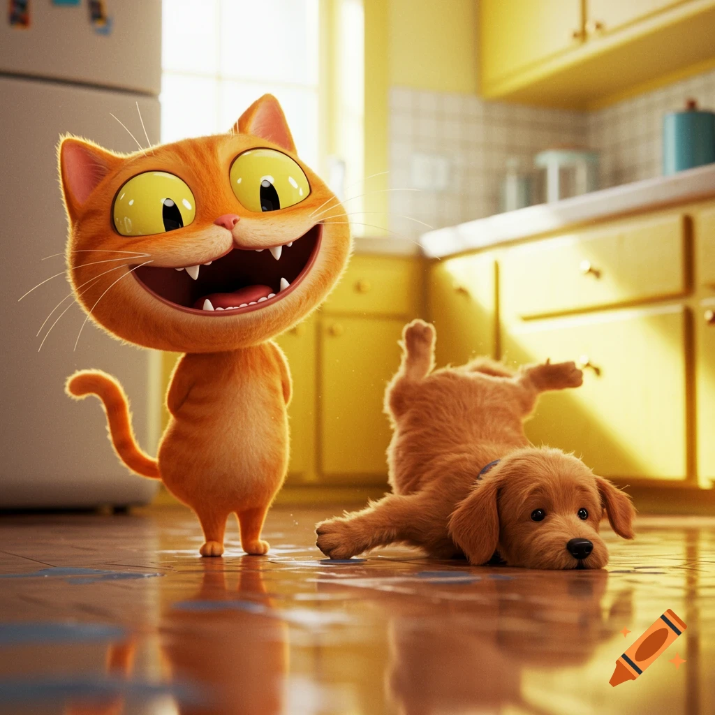 Cartoon orange cat watches a golden retriever puppy slipping on a wet kitchen floor.