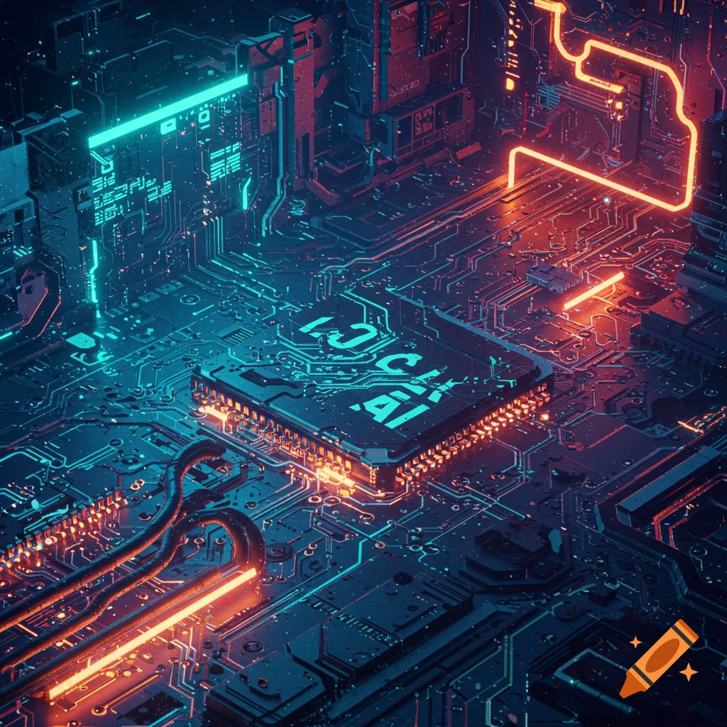 A close-up of a futuristic circuit board with glowing blue and orange components.