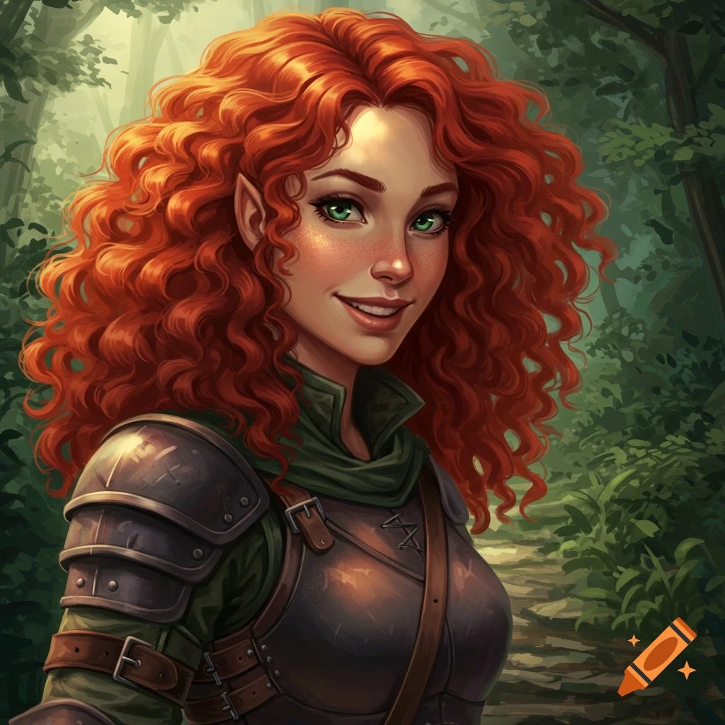 A smiling female elf rogue with long curly red hair and green eyes, wearing armor in a forest.