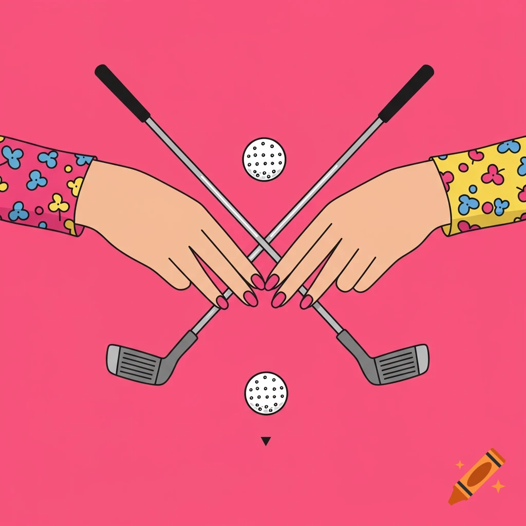 Flat vector illustration of two hands holding crossed golf clubs over golf balls on a pink background.