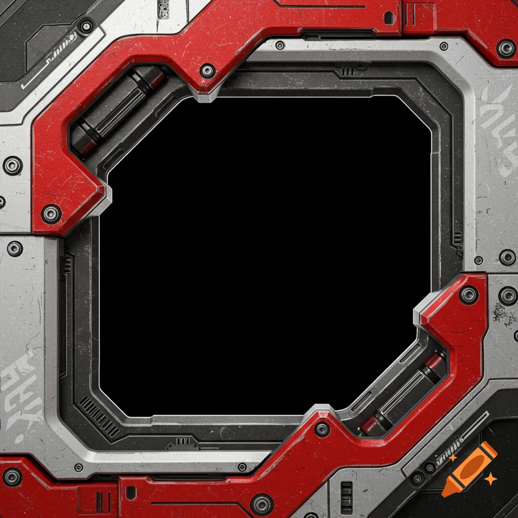 Machine-like frame with red and gray metal textures surrounding a black center.