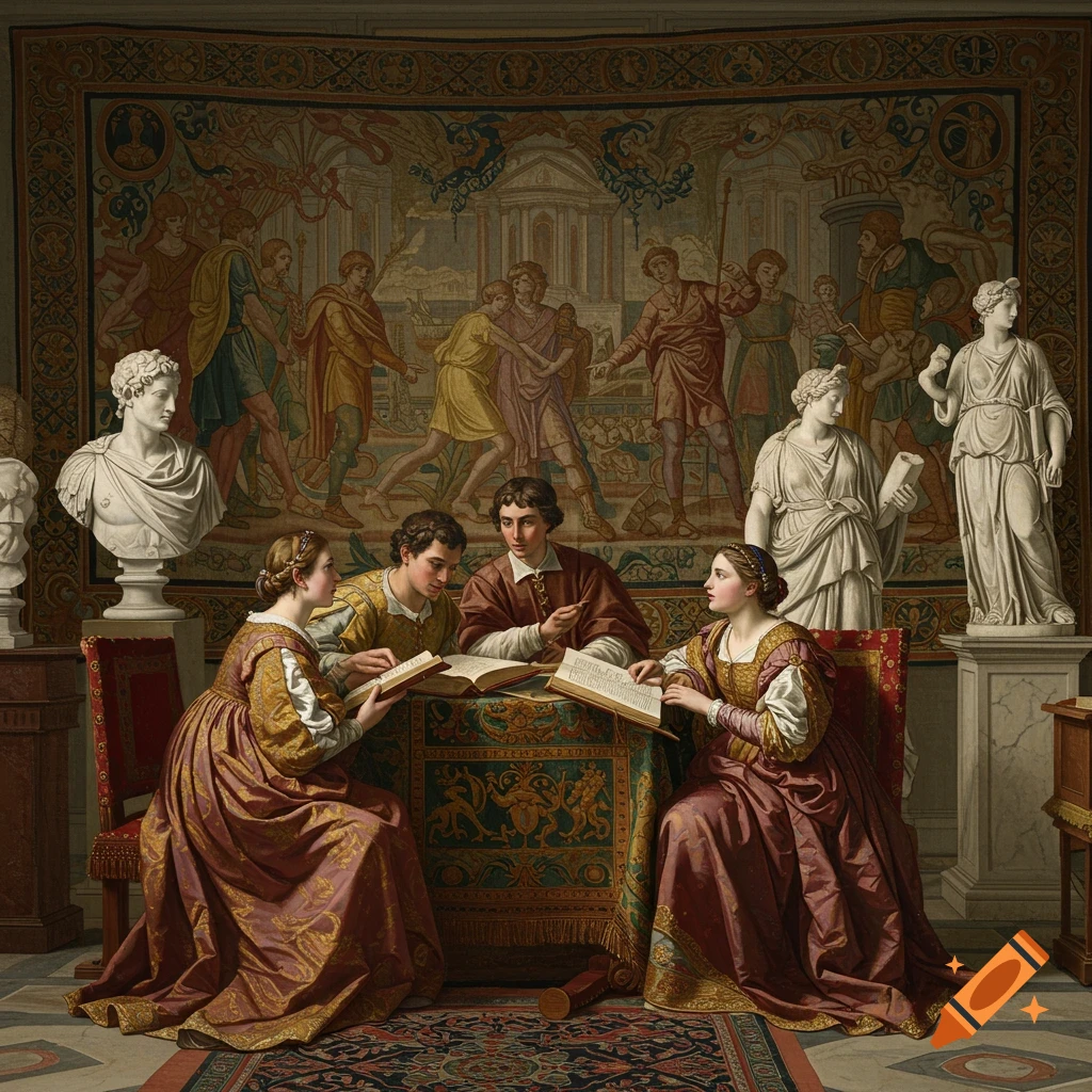 People in Renaissance clothing are reading around a table with classical sculptures and a tapestry.