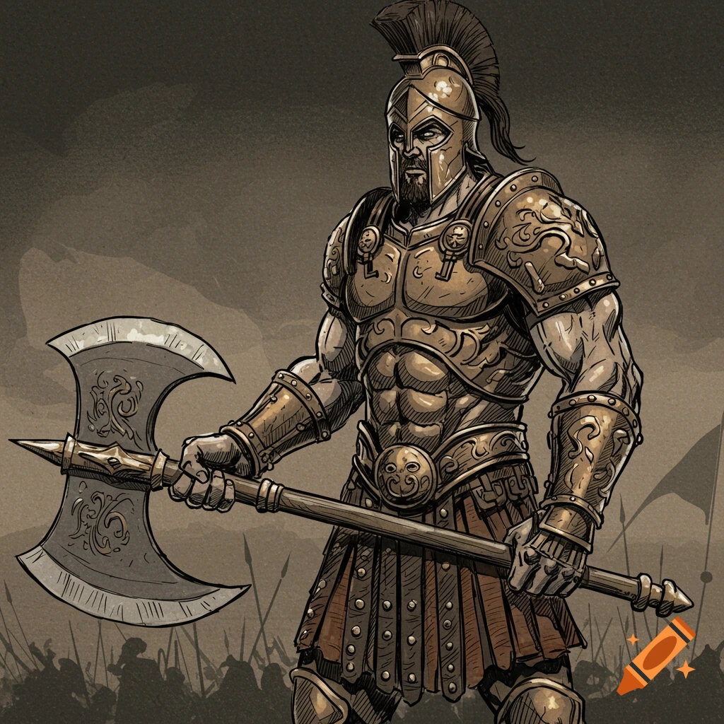 Illustration of a warrior in armor holding a large axe.