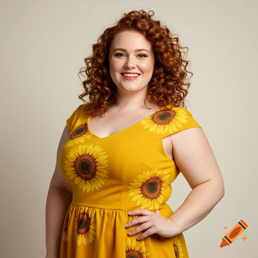 A smiling plus-size woman with red curly hair wears a yellow dress with sunflowers.