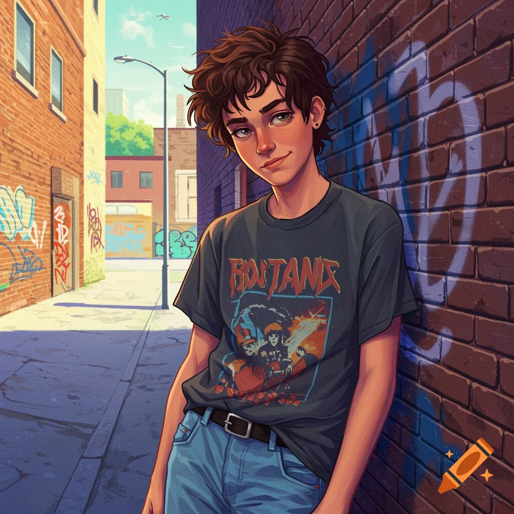 In anime style, a teenage boy is leaning against a graffiti wall.