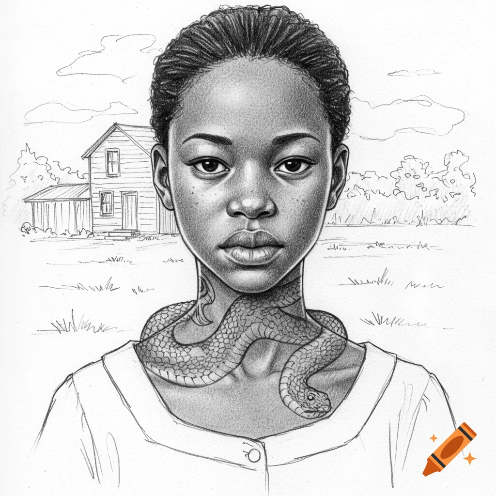 Sketch drawing of a young Black woman with a snake coiled around her neck, a house in the background.