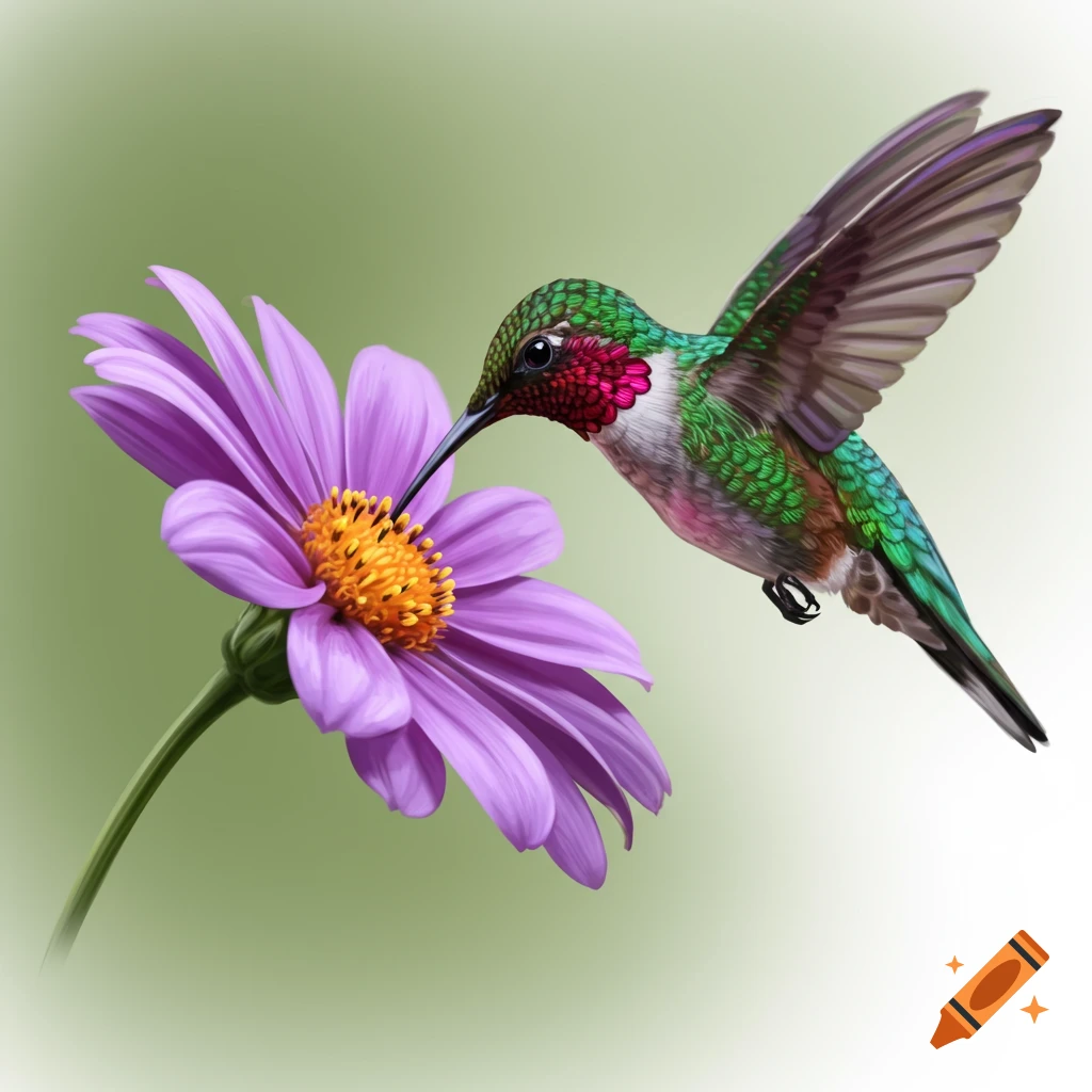 A hummingbird is hovering near a purple flower.