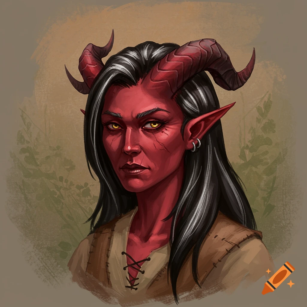 A portrait of a female tiefling with red skin, horns, black hair with silver streaks, and yellow eyes.