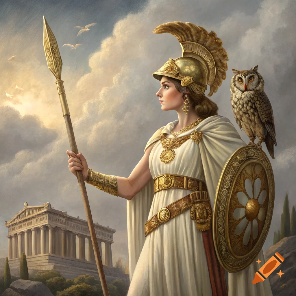 A depiction of the goddess Athena with spear, shield, and owl, standing before the Parthenon.