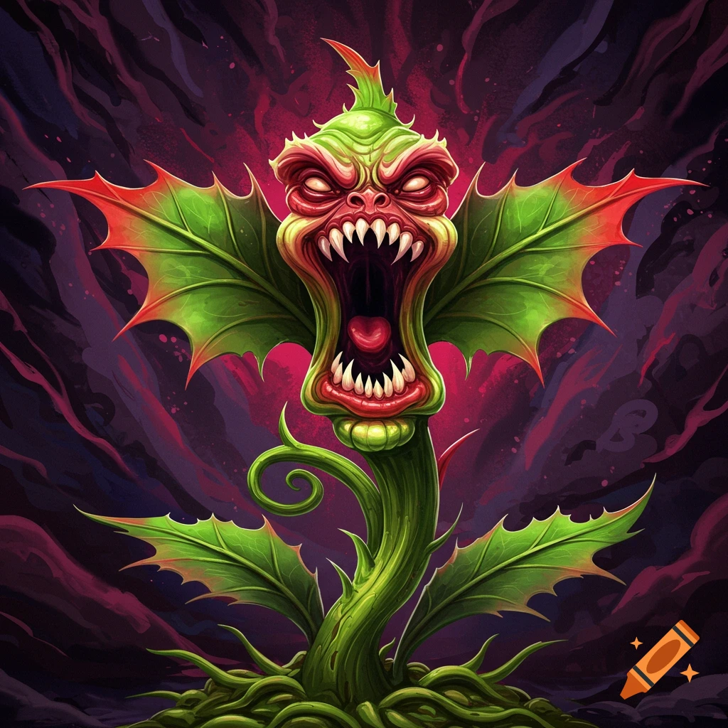 A vibrant green cartoon monster plant with red accents and sharp teeth screams.