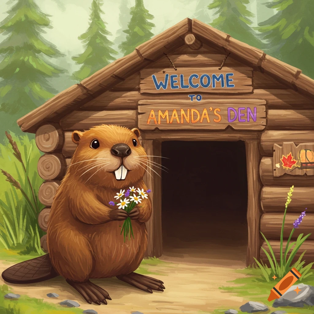 A cartoon beaver is holding flowers in front of a log cabin with a 'Welcome to Amanda's Den' sign.