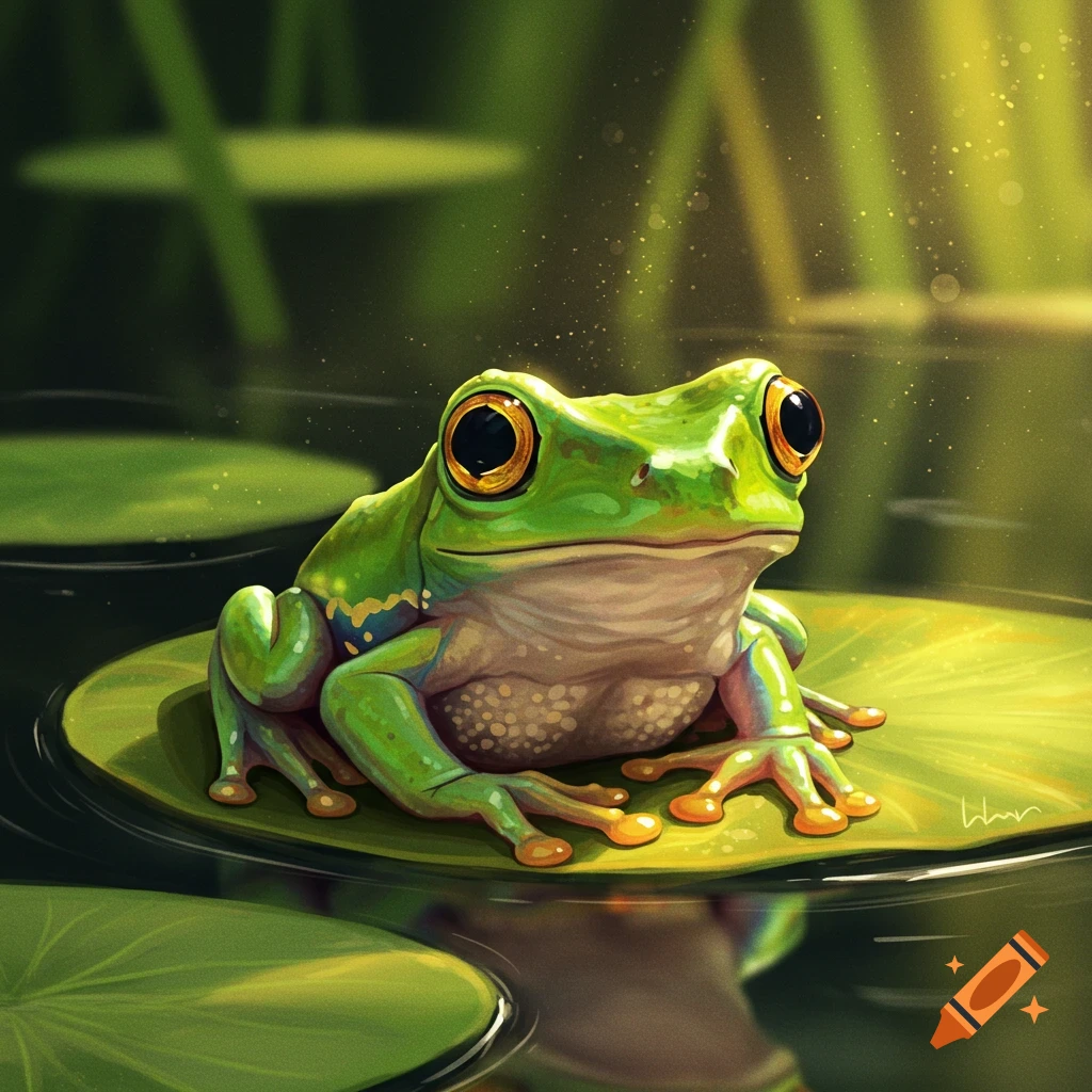A green frog sits on a lily pad in the water.