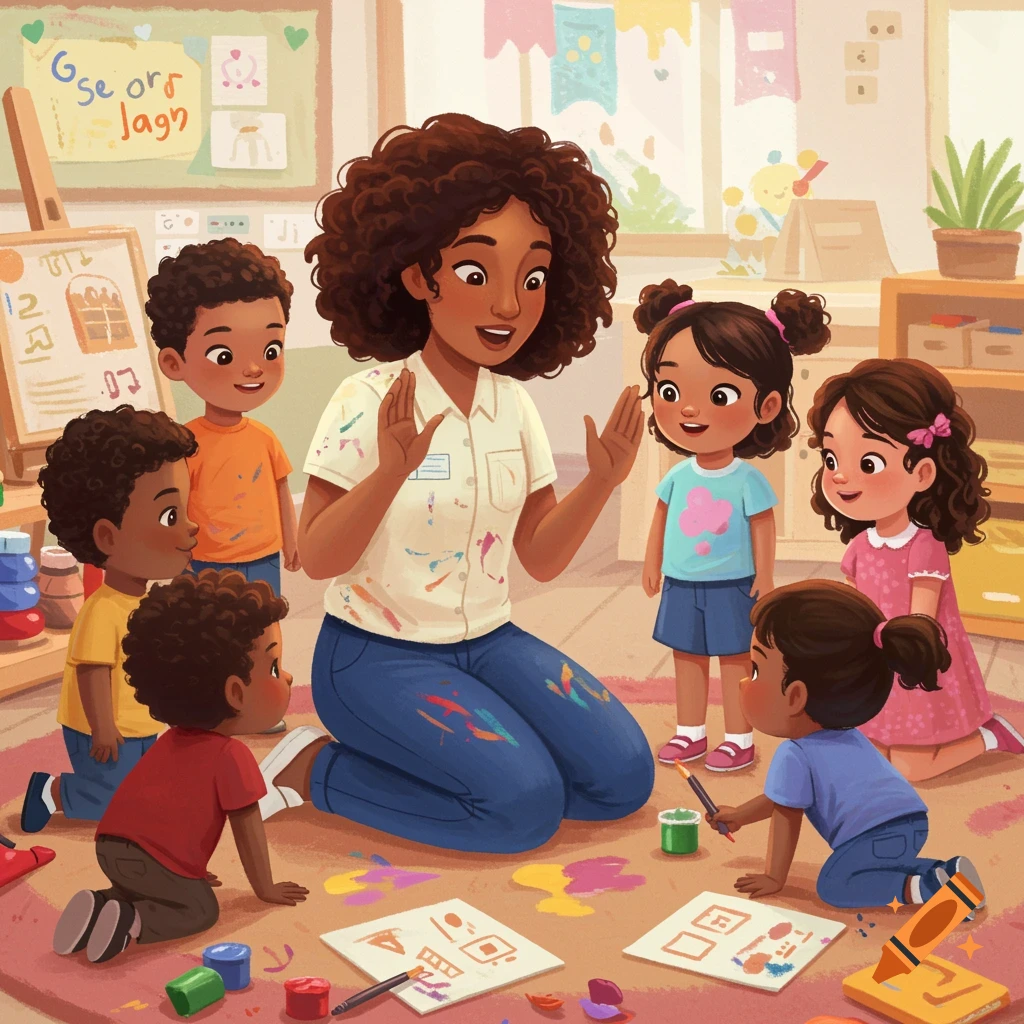 A vibrant image of a diverse group of preschoolers and their teacher doing art in a classroom.
