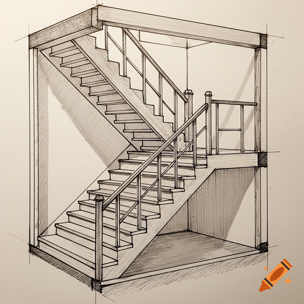 Sketch of a section of a house with two sets of stairs.