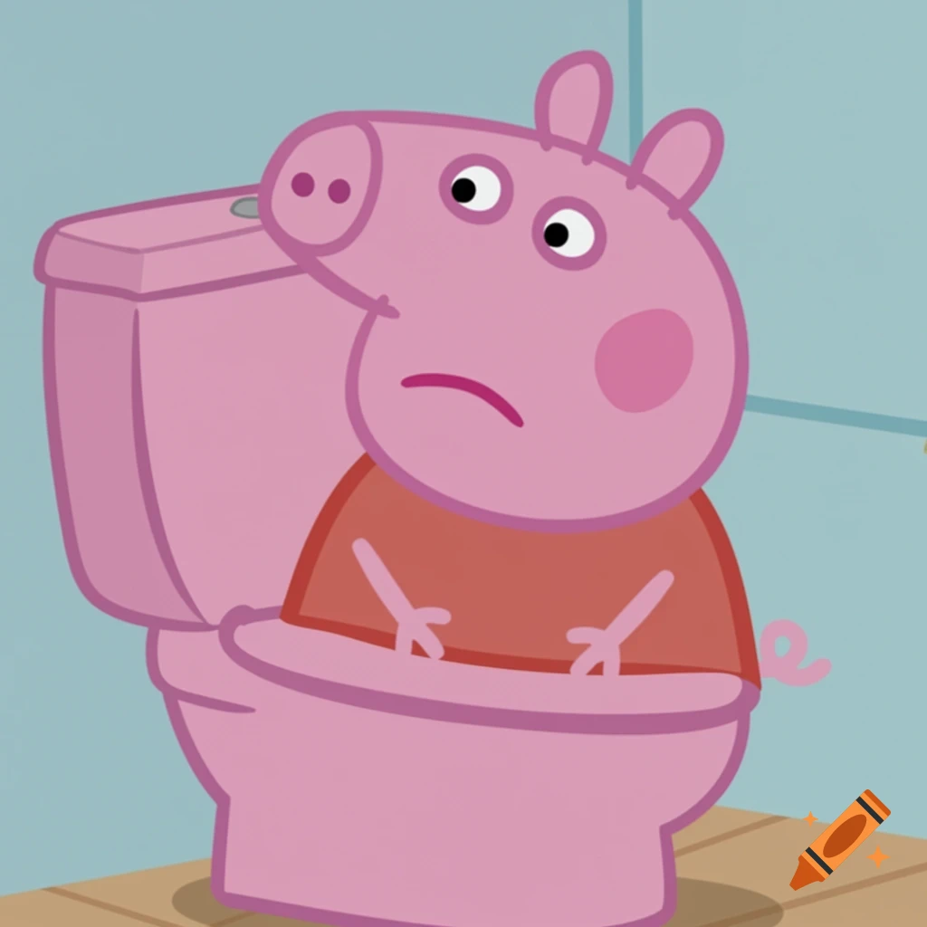 Animated Peppa Pig character sits on a pink toilet in a bathroom.