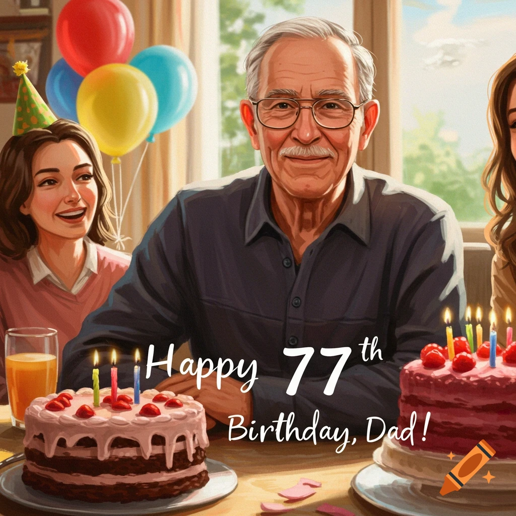 A family celebrating a father's 77th birthday with cakes, balloons, and text.