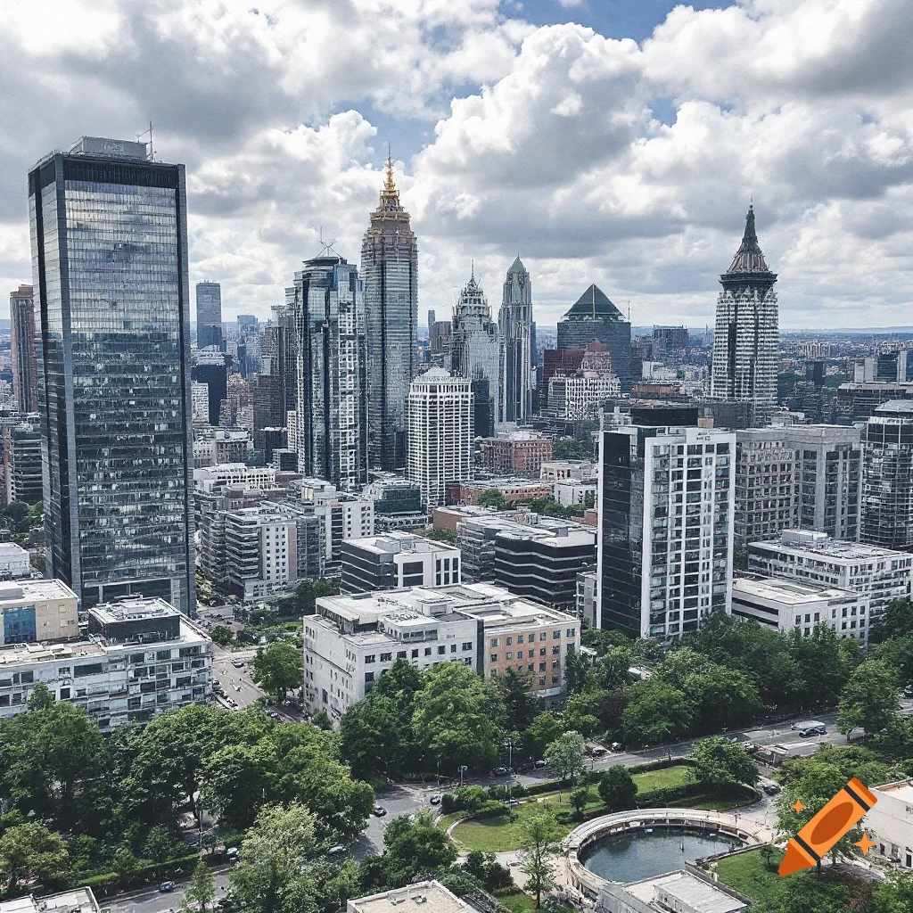 Aerial view of a city skyline with skyscrapers, trees, a park, and cloudy sky.