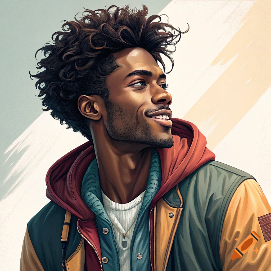 A digitally illustrated portrait of a smiling man with curly hair, wearing a jacket, looking to the side.