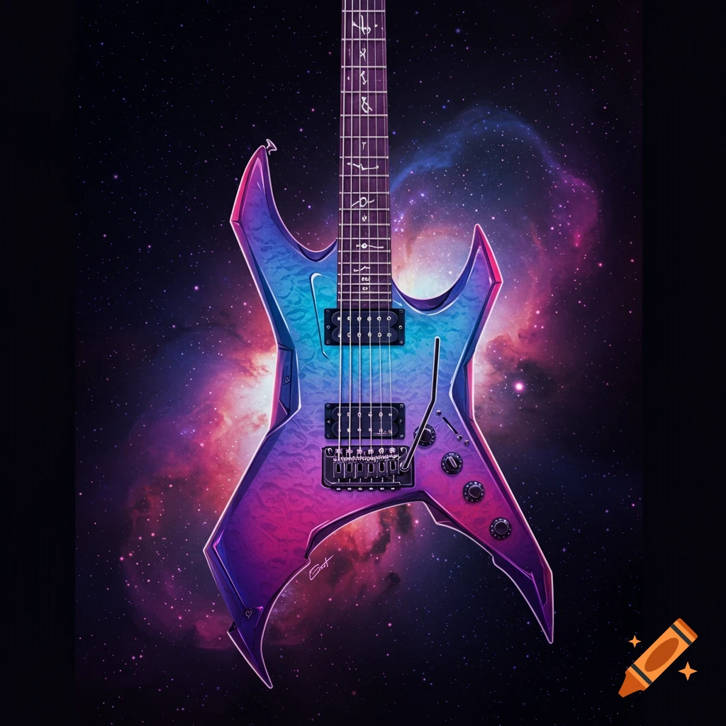A vibrant, sharp electric guitar floats in a nebula-filled space background.