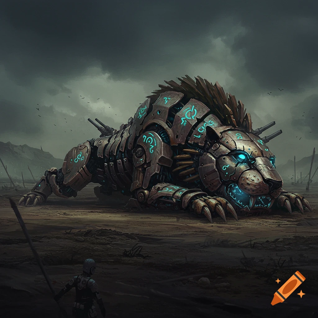 A large ancient mechanical war lion covered in blue symbols lies deactivated in a desolate landscape with a figure in the foreground.