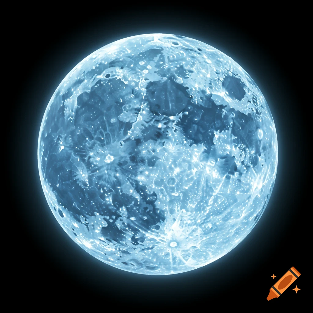 A glowing blue moon with sparkling craters against a dark background.