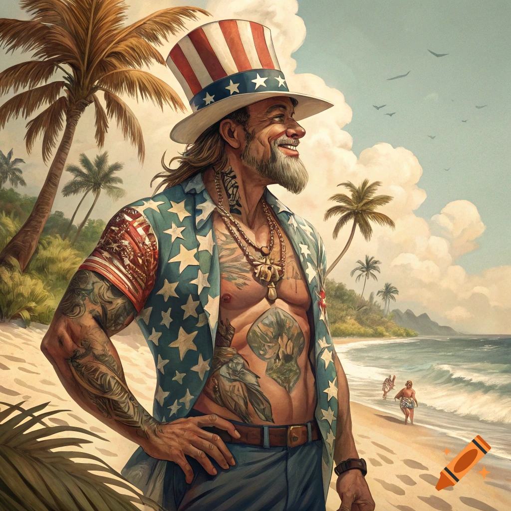 Buff tattooed man with Uncle Sam hat and patriotic shirt on a beach