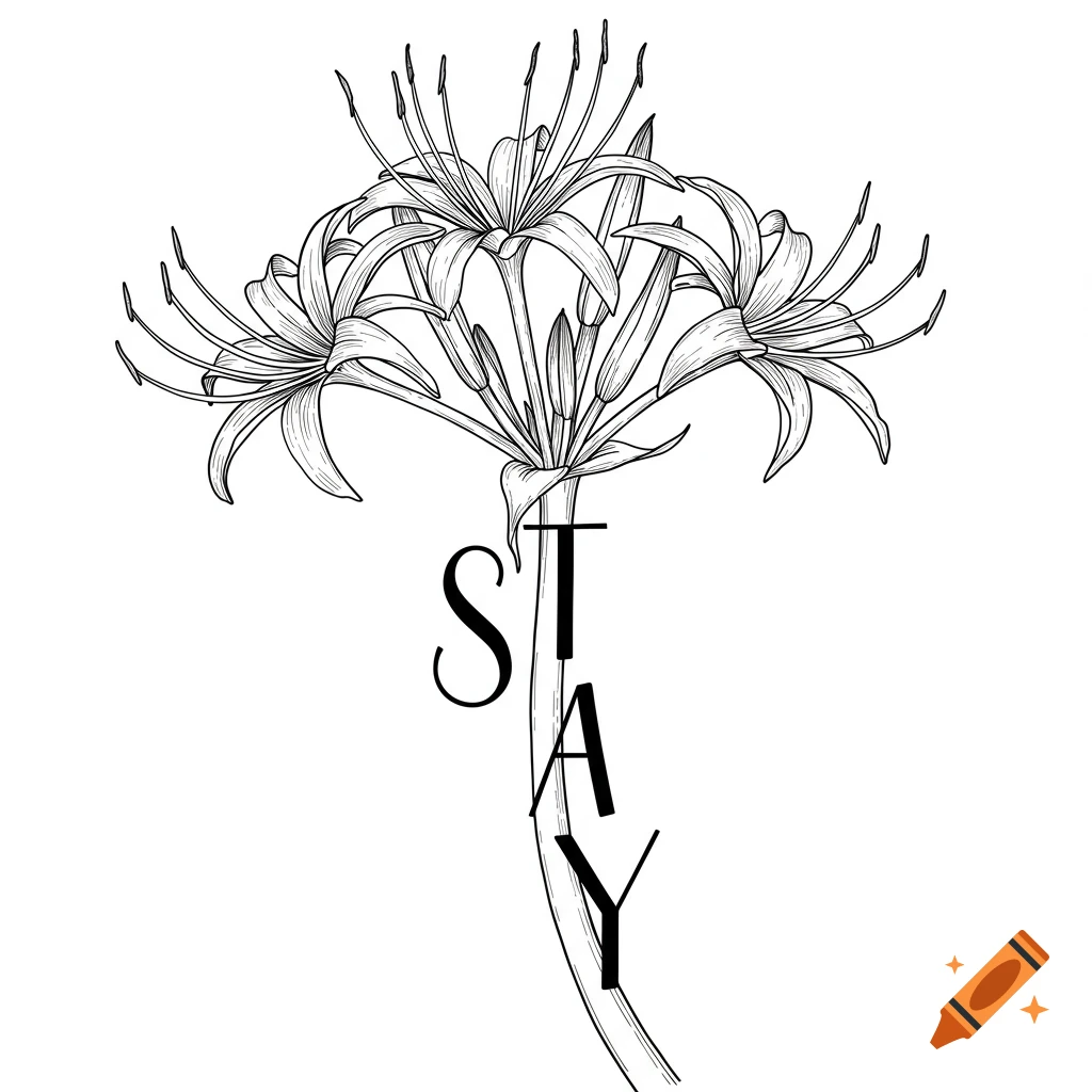 Black and white line art of a spider lily flower with the word STAY written vertically on the stem.