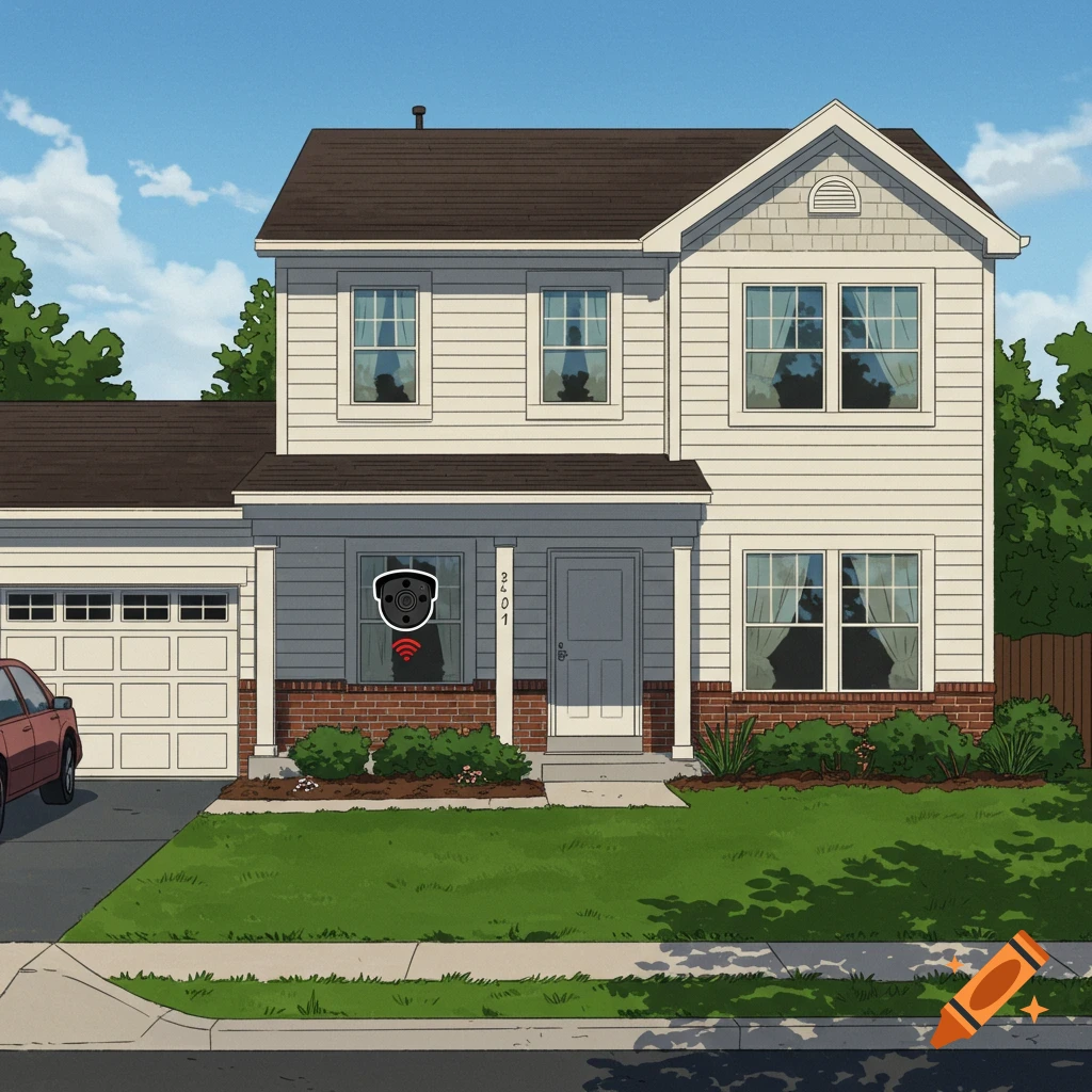 An American house with a security camera icon on a window.