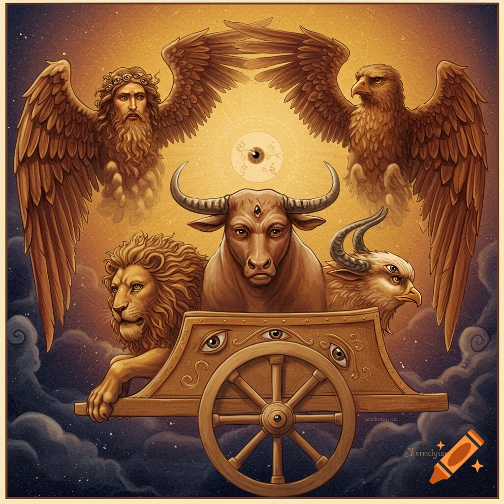 Four winged mythical creatures (human, lion, ox, eagle) pulling an eye-covered chariot under a glowing sky.