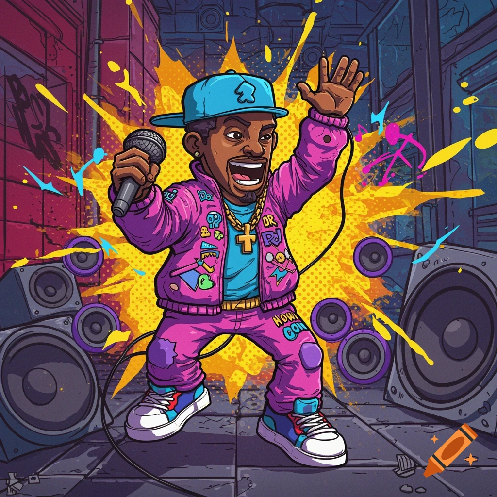 Cartoon rapper action figure in bright clothes with mic and speakers in urban comic book style.
