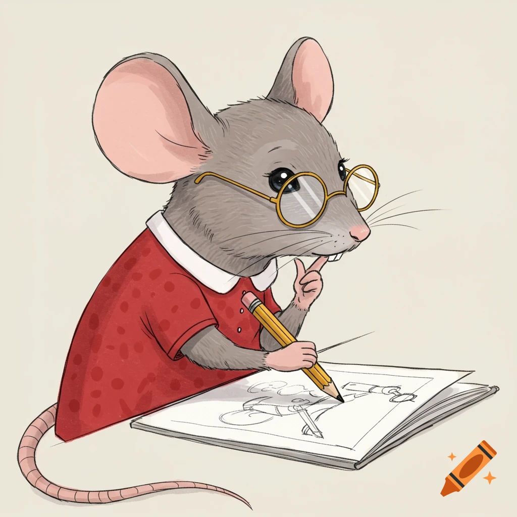 An illustration of a mouse in glasses and a red dress drawing in a book.