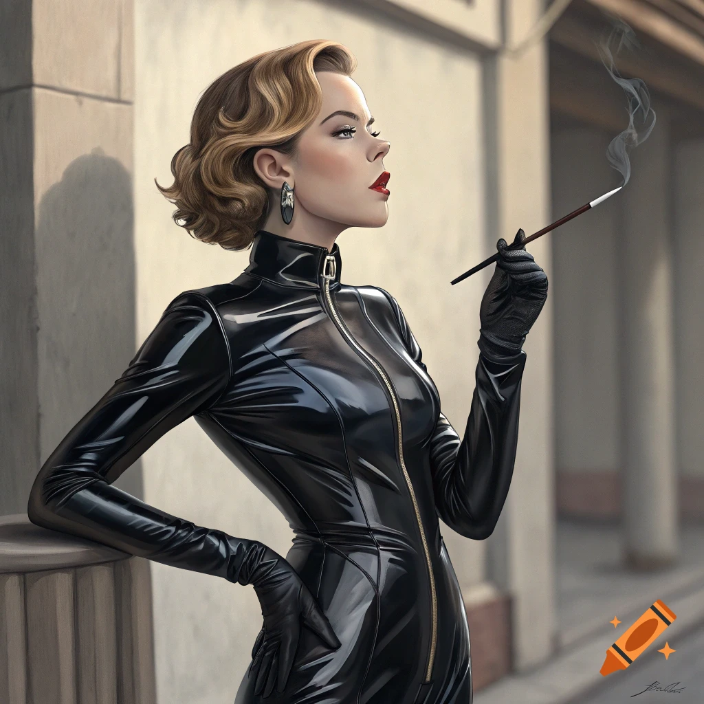 A woman in a black latex catsuit holds a cigarette holder. Photorealistic art.