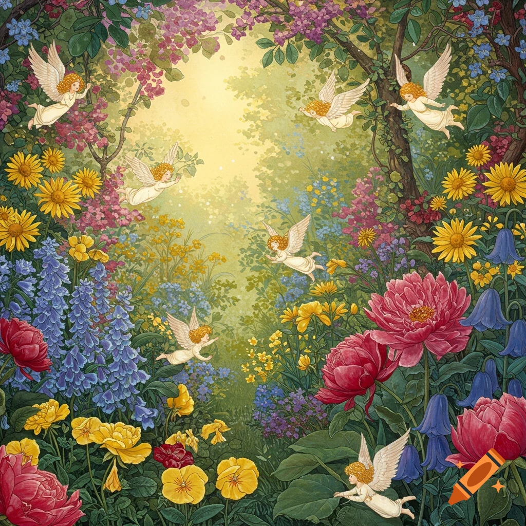Small angels flying in a colorful garden full of flowers.