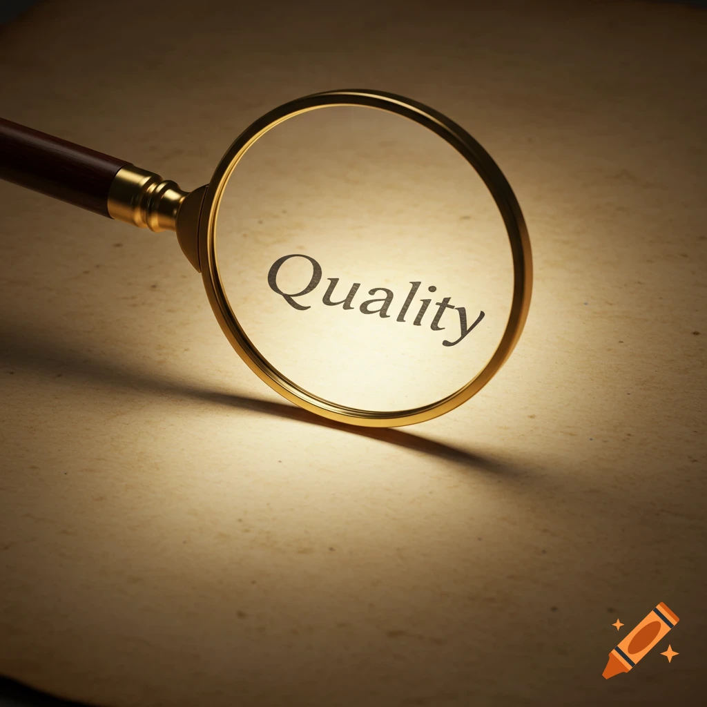 A magnifying glass focuses on the word Quality on a document.