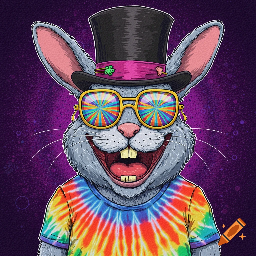 A surreal psychedelic cartoon illustration of a smiling rabbit wearing a top hat, tie-dye shirt, and psychedelic sunglasses.