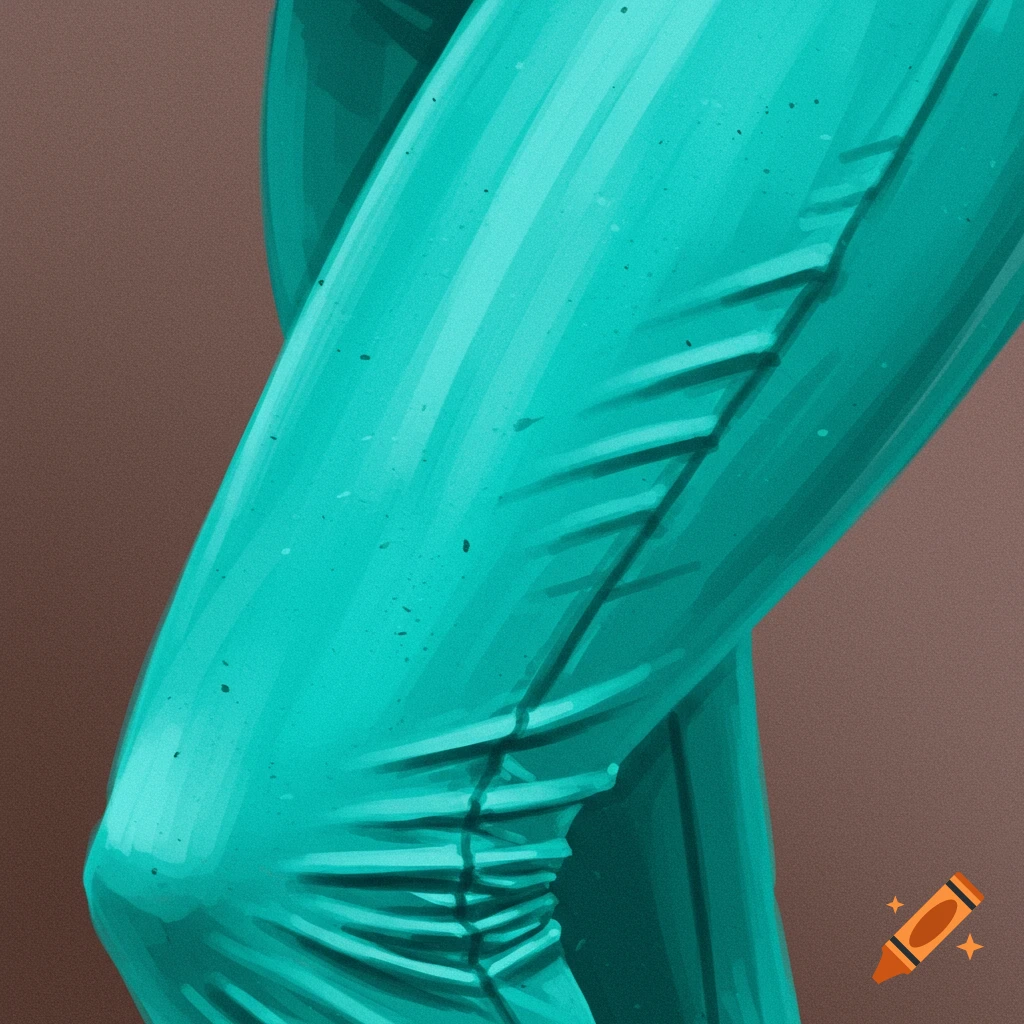A close-up image of legs in teal leggings with visible fabric folds.